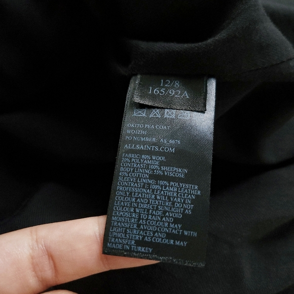 All Saints Okito Minimilist Wool Shearling Collar Pea Lamb Leather Coat - Picture 7 of 11